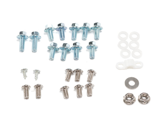 Stomp Ebox Plastics Fitting Kit components arranged on a white background, including various plastic fittings, screws, and mounting hardware.
