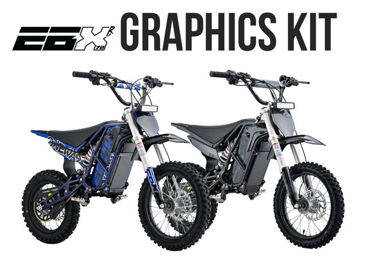 Stomp Ebox V3 72RS dirt bike with custom graphics kit, featuring bold red, black, and white design elements on the body panels, photographed from a side angle.