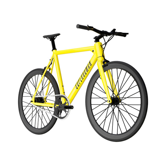Yellow Babymaker electric bike with a sleek frame, drop handlebars, and thin road tires, shown from a side view.