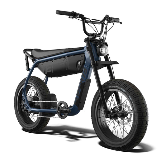 Super73 B1G Core eMOTO eBike in Slate color, shown inside its original packaging box.